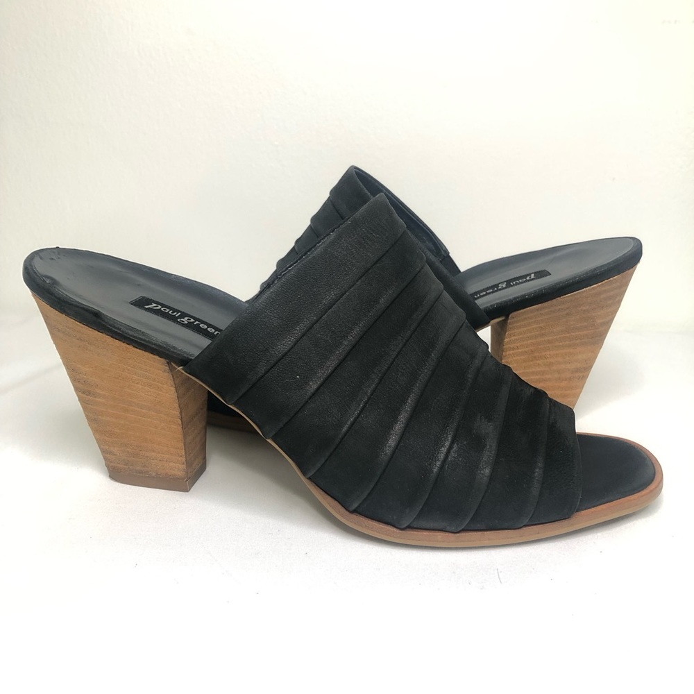 Paul Green Ruched Black Leather Mules Open Toe Stacked Wood Block Heel 9.5 UK 7